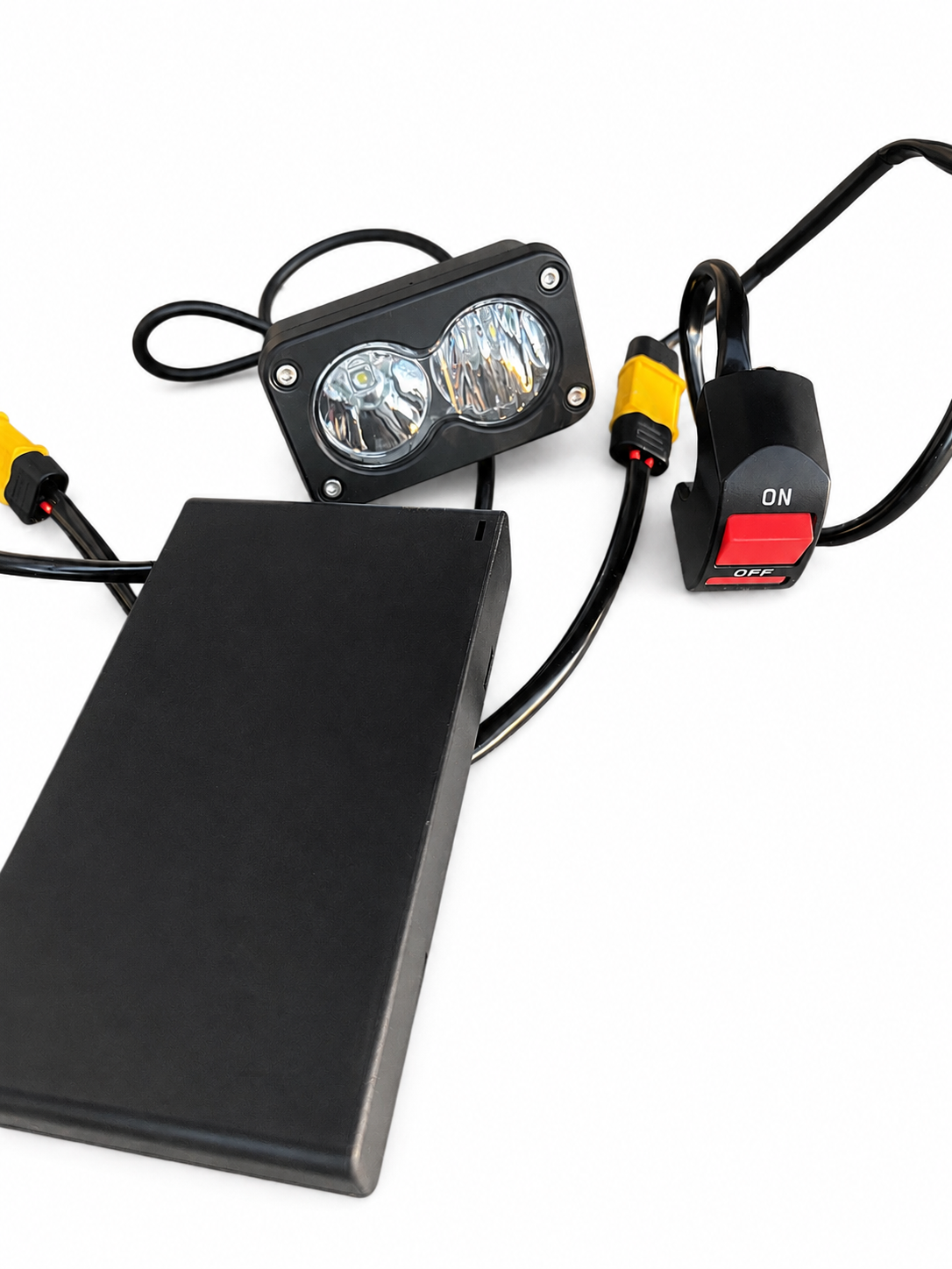 Macro zoom-in view highlighting the durable aluminum housing and waterproof connector of the Velterra Baja headlight.