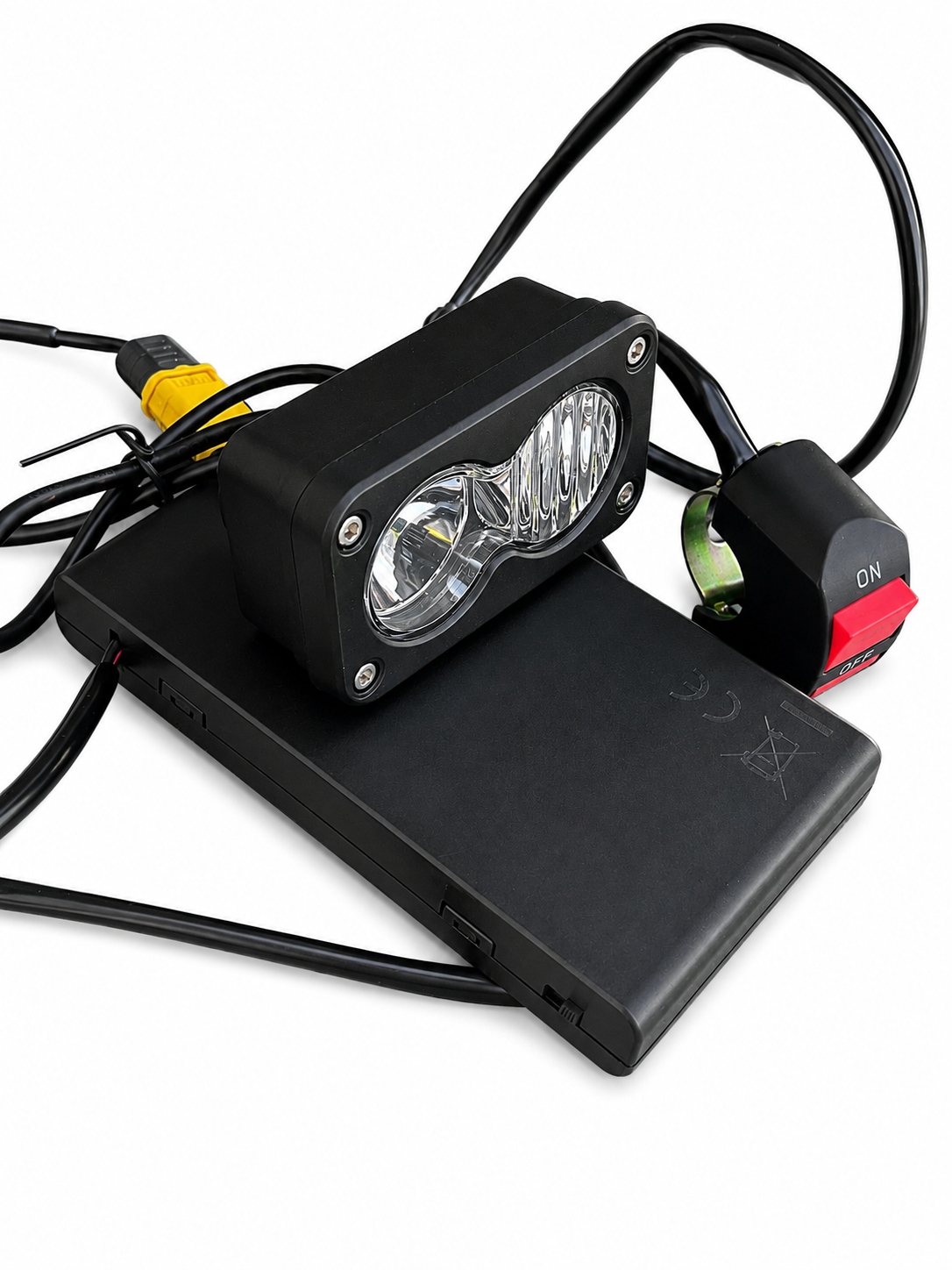 Plug-and-play battery pack and power wiring setup for the Velterra Baja light.