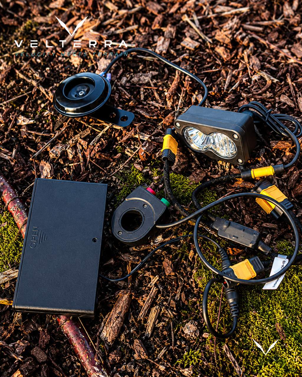 High-output beam shining from the Velterra battery-powered Baja e-bike headlight.