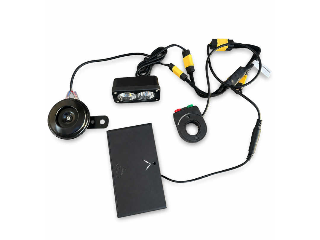 Velterra battery-powered Baja LED light and horn combo kit for e-bikes and e-motos.