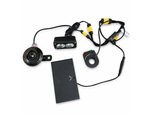 Velterra battery-powered Baja LED light and horn combo kit for e-bikes and e-motos.