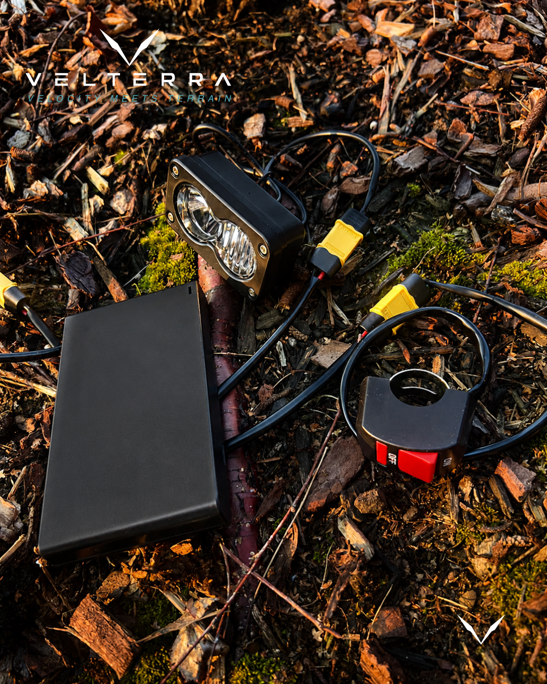 High-output beam shining from the Velterra battery-powered Baja e-bike headlight.