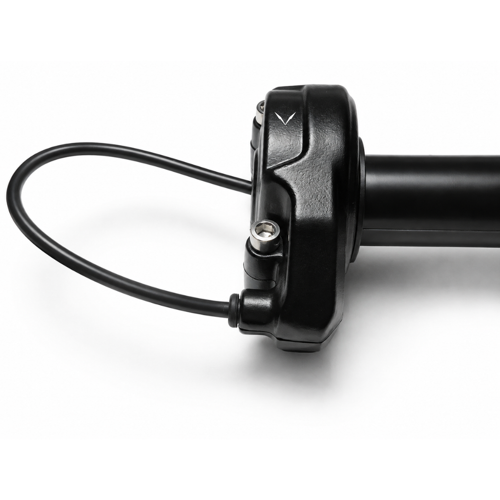 Close-up view of the slip-resistant textured rubber surface on the Velterra black throttle.