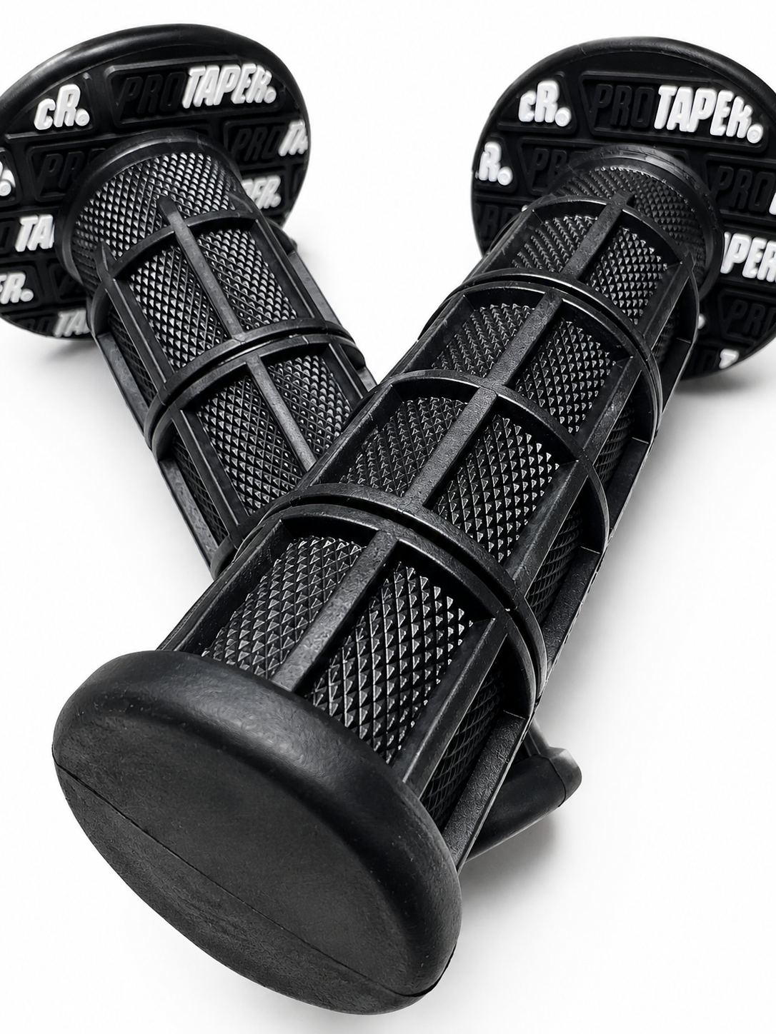 Vibration-dampening rubber pattern on Velterra slip-resistant bicycle grips.