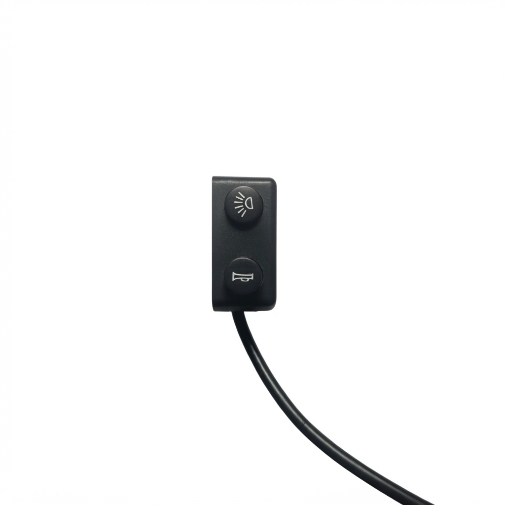 Dual handlebar switch controlling the LED light and 105dB horn on a Velterra kit.