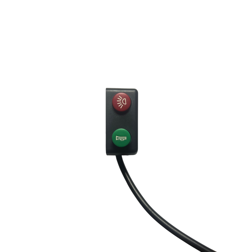 Dual handlebar switch controlling the LED light and 105dB horn on a Velterra kit.
